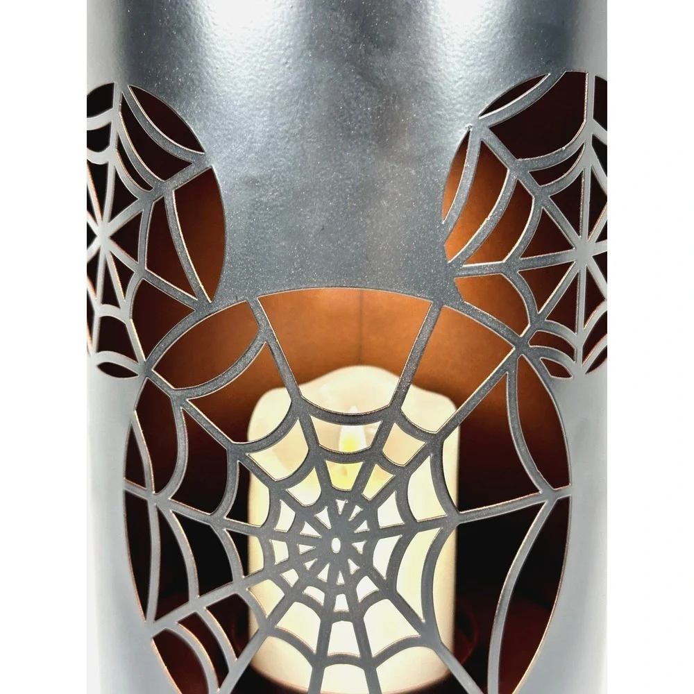 Disney Halloween Metal Lantern Mickey Spiderweb Cutout Black LED Holder NEW